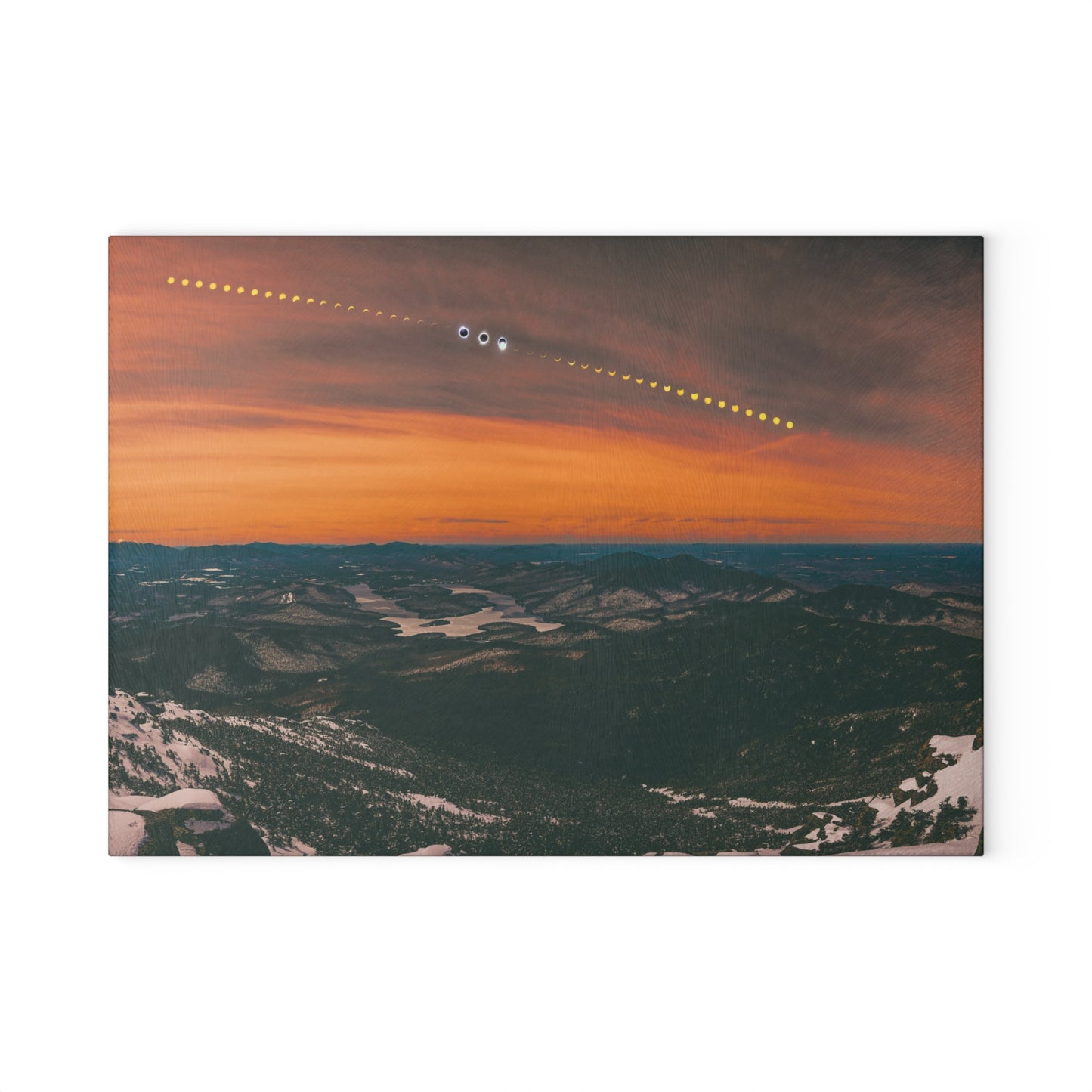 Glass Cutting Board - 2024 Solar Eclipse Timelapse over Lake Placid