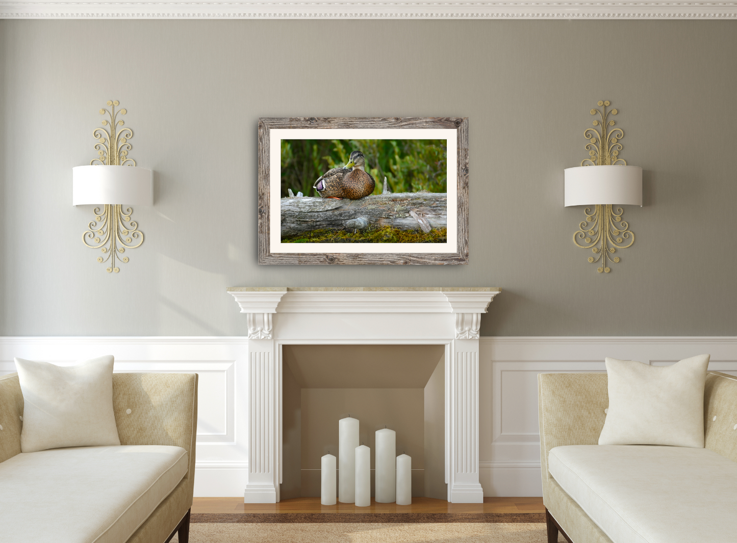 print of a Duck on a Log