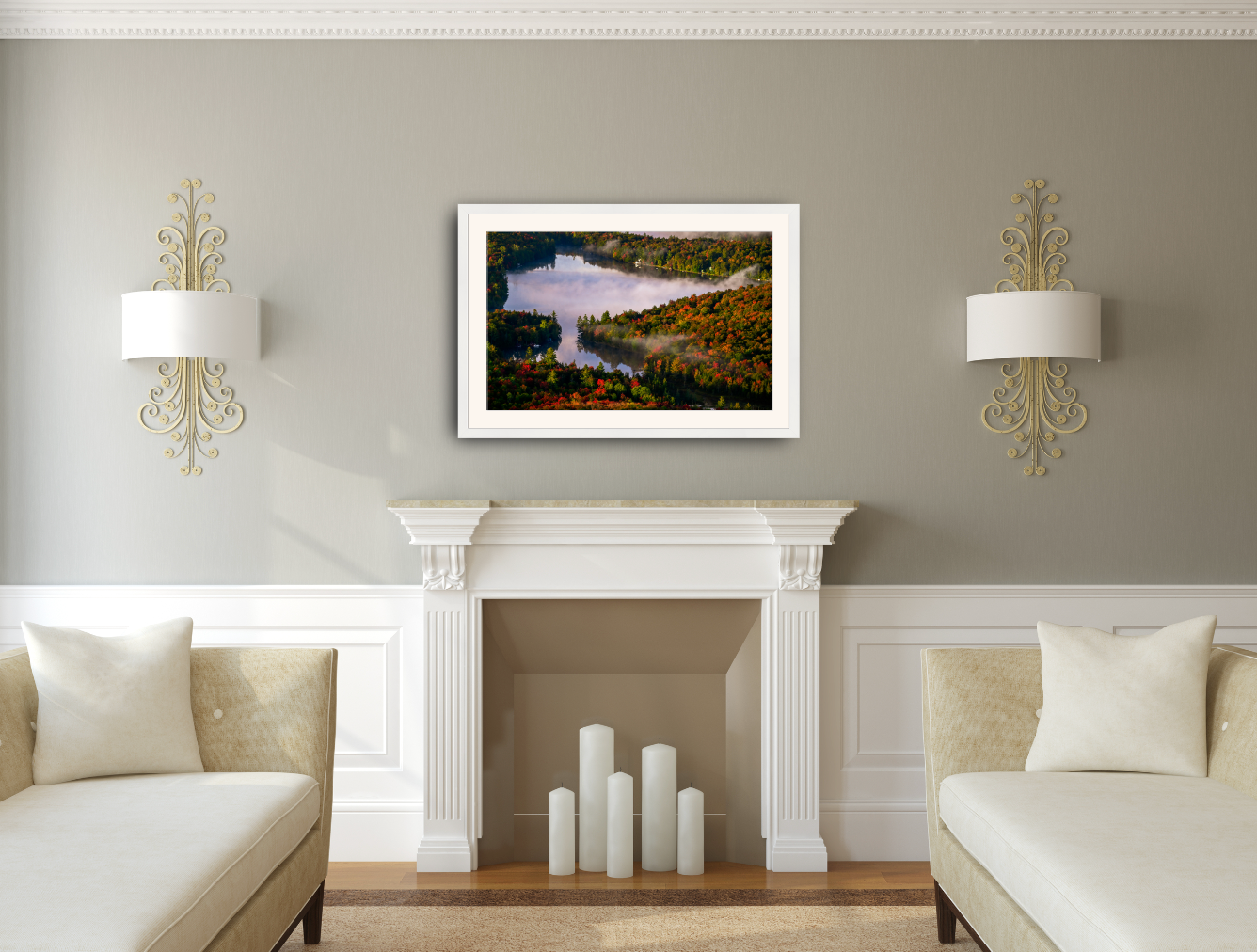 print of a foggy morning autumn sunrise Adirondack Mountains