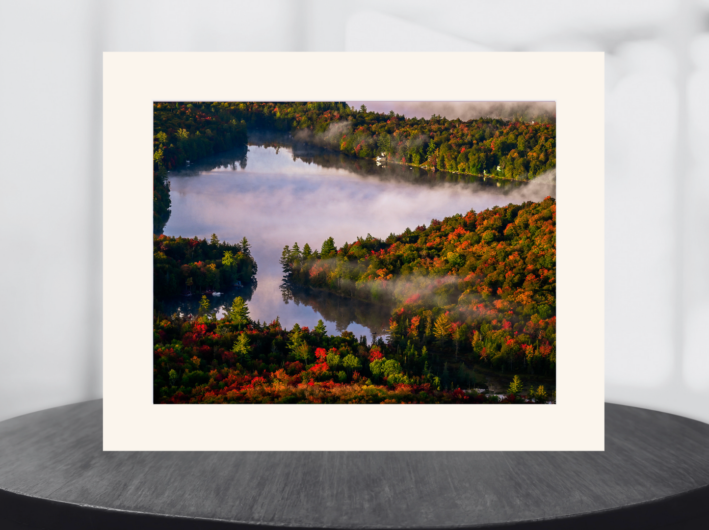 print of a foggy morning autumn sunrise Adirondack Mountains