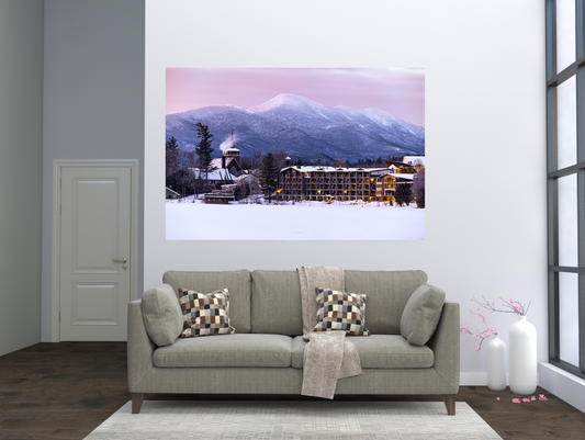 print of a winter sunrise over mirror lake