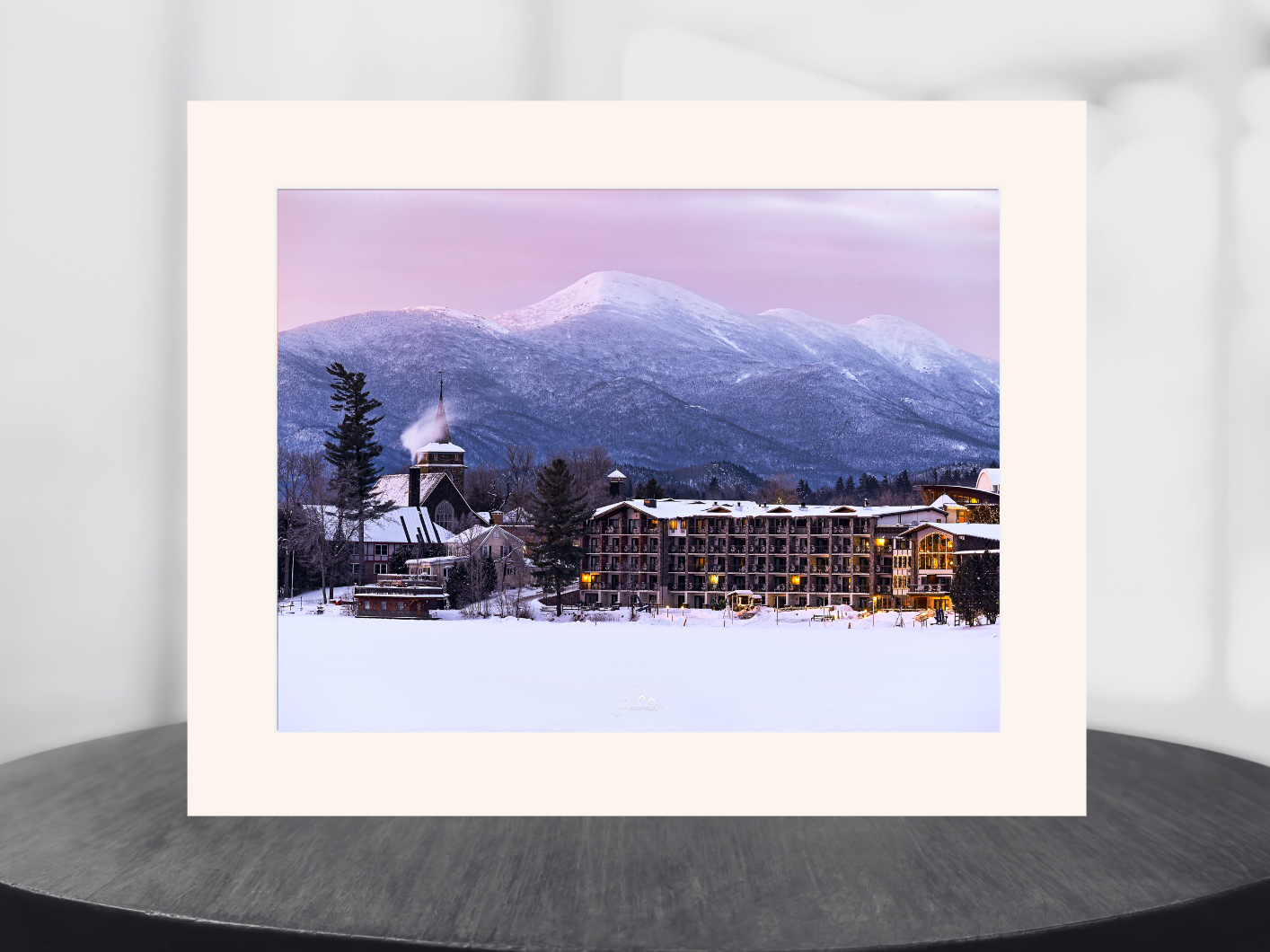 print of a winter sunrise over mirror lake