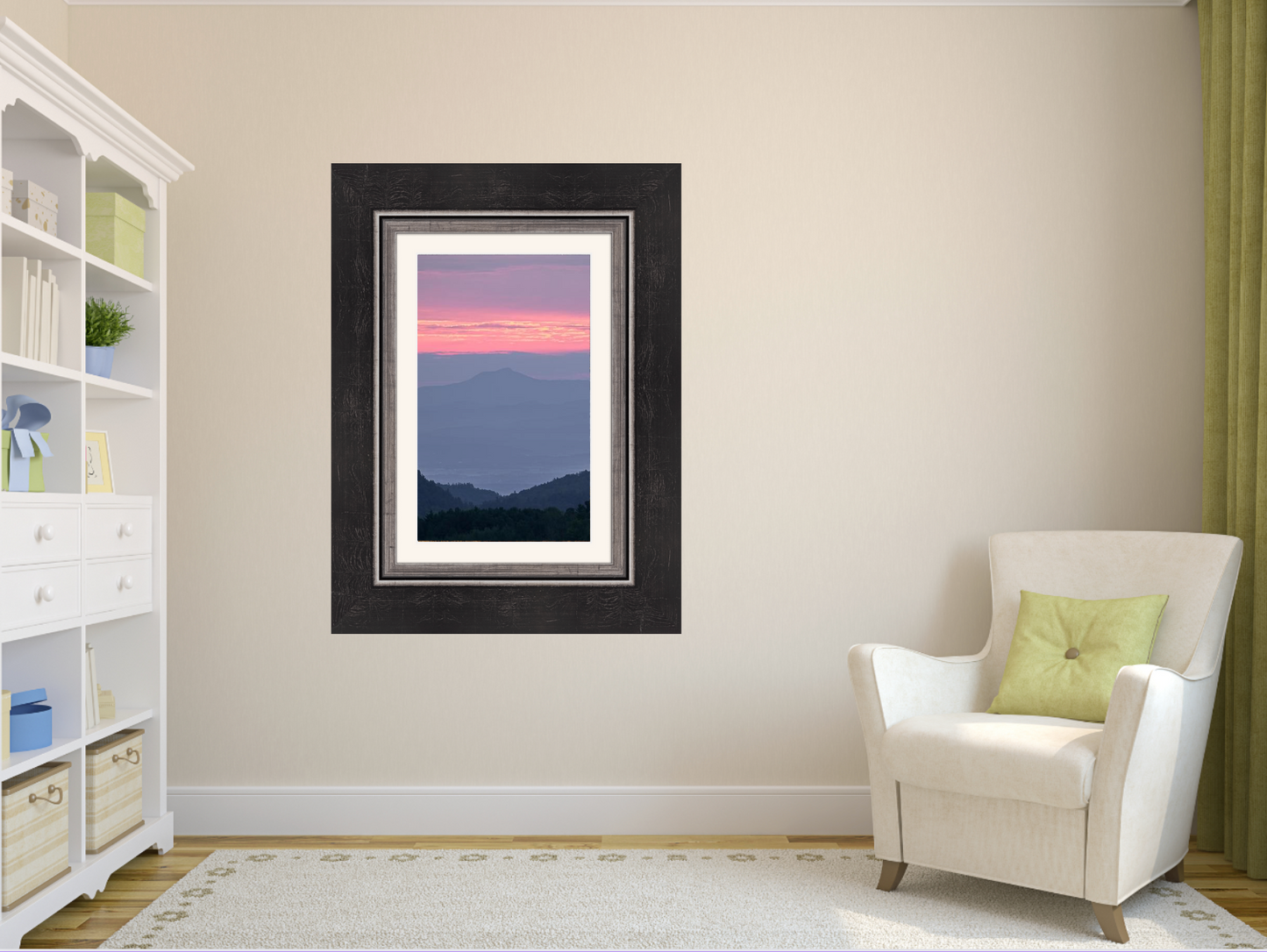 print of a hazy sunrise over the Champlain valley and camels hump mountain from the Adirondack Mountains