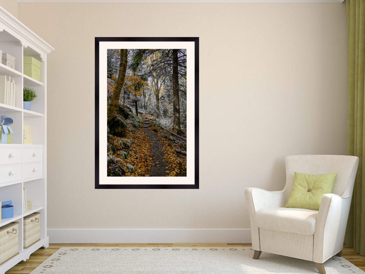 print of a snowy autumn trail