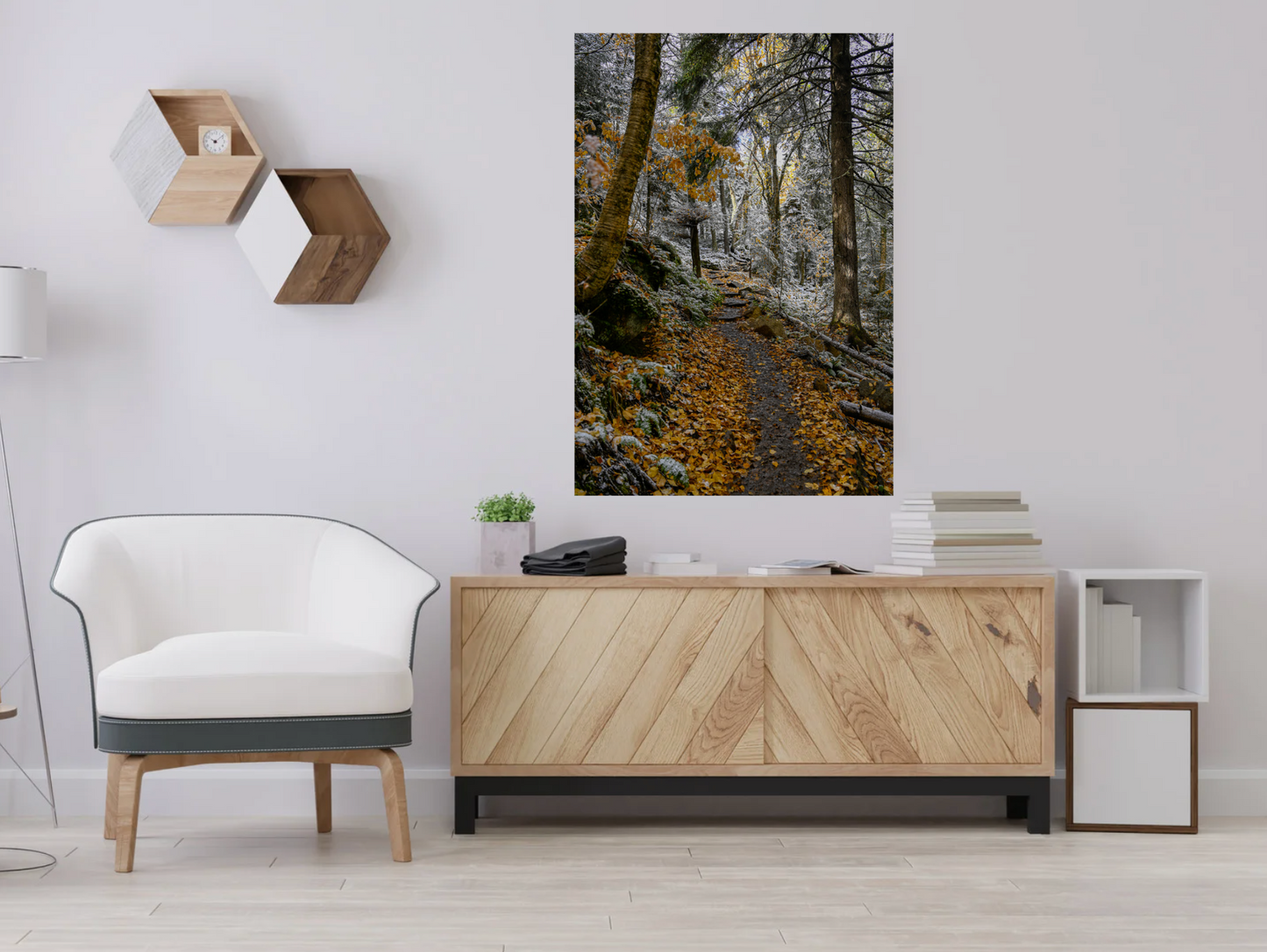 print of a snowy autumn trail