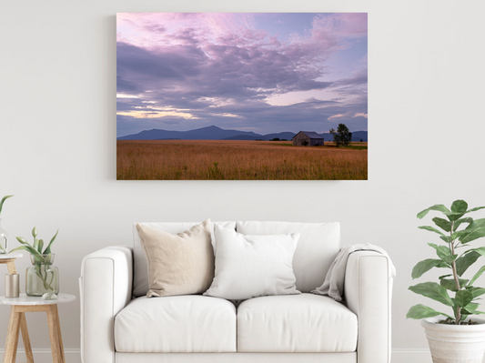 print of a barn at sunrise