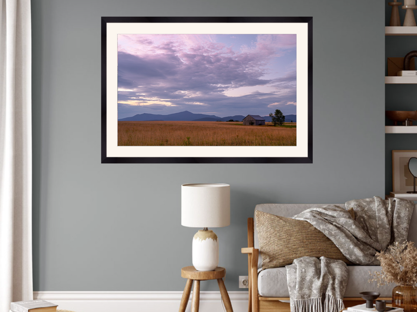 print of a barn at sunrise