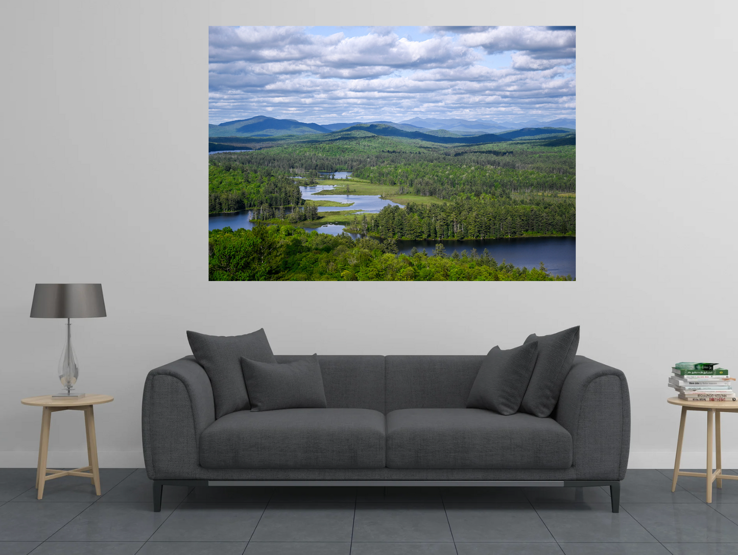 print of a river flowing through a meadow