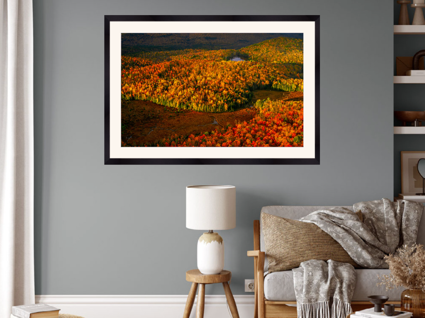 print of a river meandering through a meadow