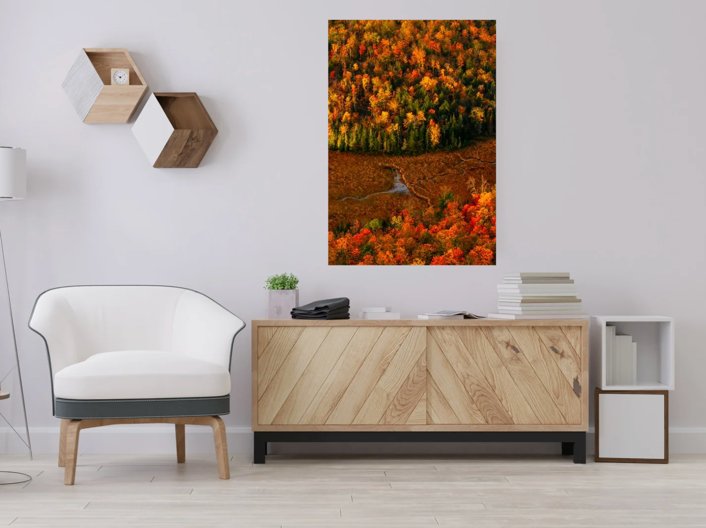 print of a river meandering through a meadow