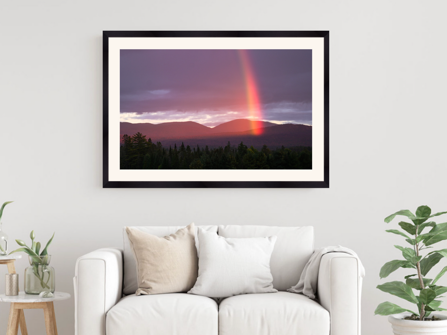 print of a rainbow and mountains