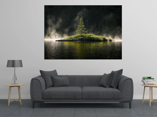 print of a Misty Morning tree on an adirondack pond