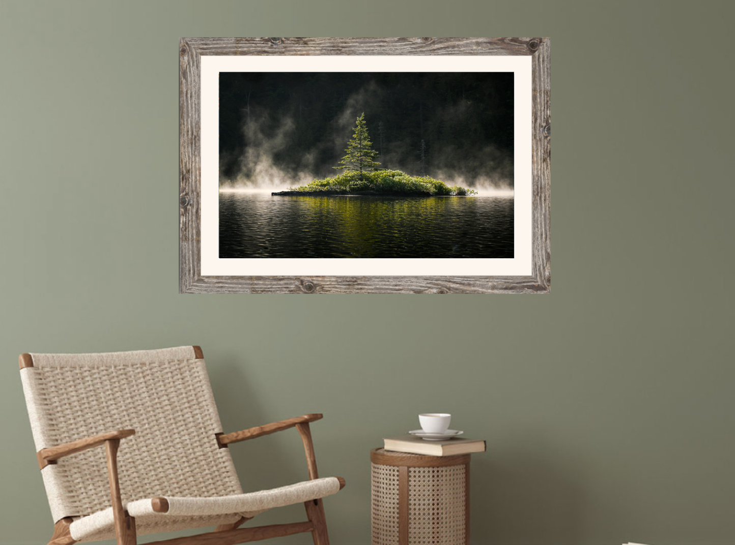 print of a Misty Morning tree on an adirondack pond