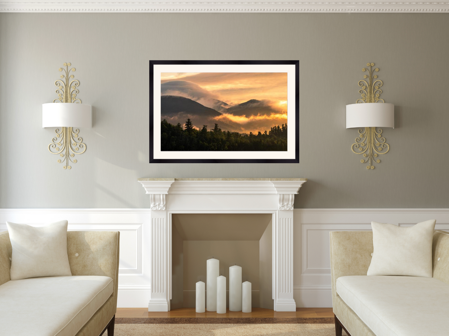 print of a foggy morning sunrise Adirondack Mountains