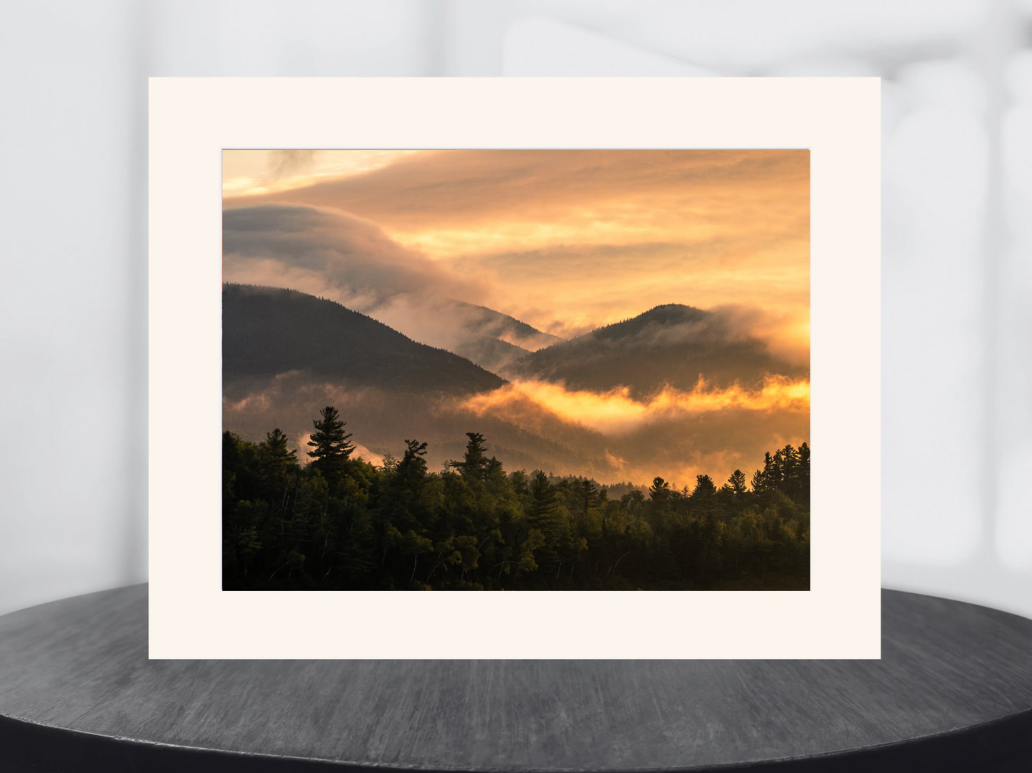 print of a foggy morning sunrise Adirondack Mountains