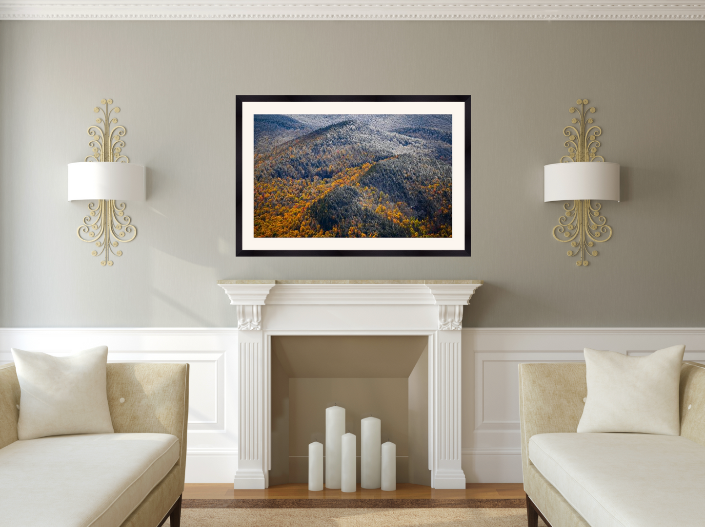 print of snow and foliage Adirondack Mountains