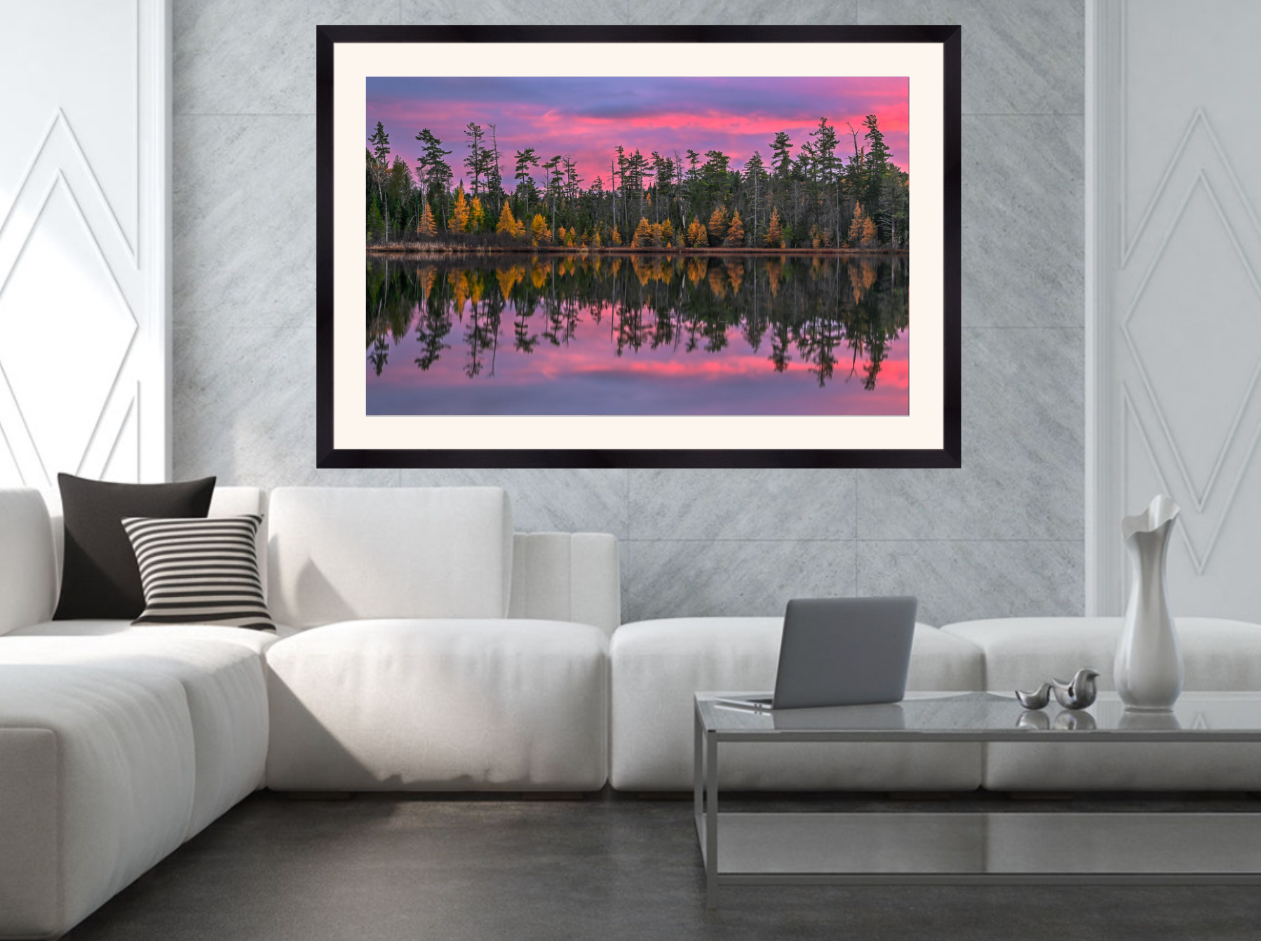 sunset with tamarack trees