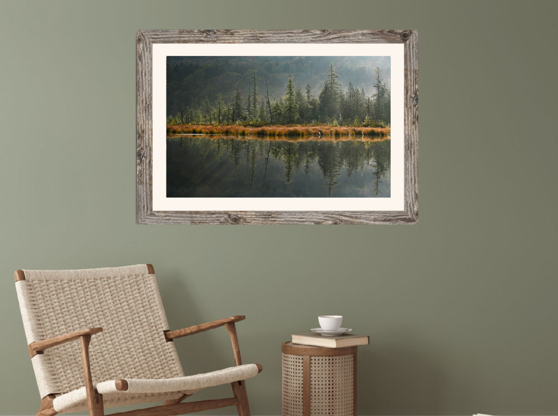 print of tamarack trees reflecting on a pond