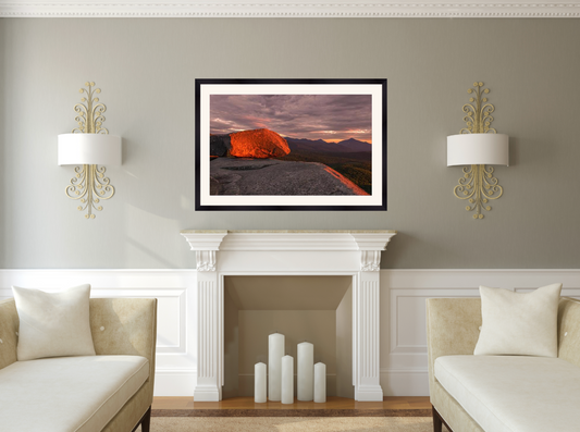 print of a sunrise at Balanced Rocks in the Adirondack Mountains