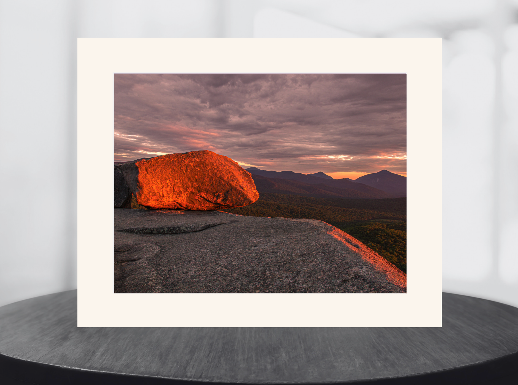 print of a sunrise at Balanced Rocks in the Adirondack Mountains
