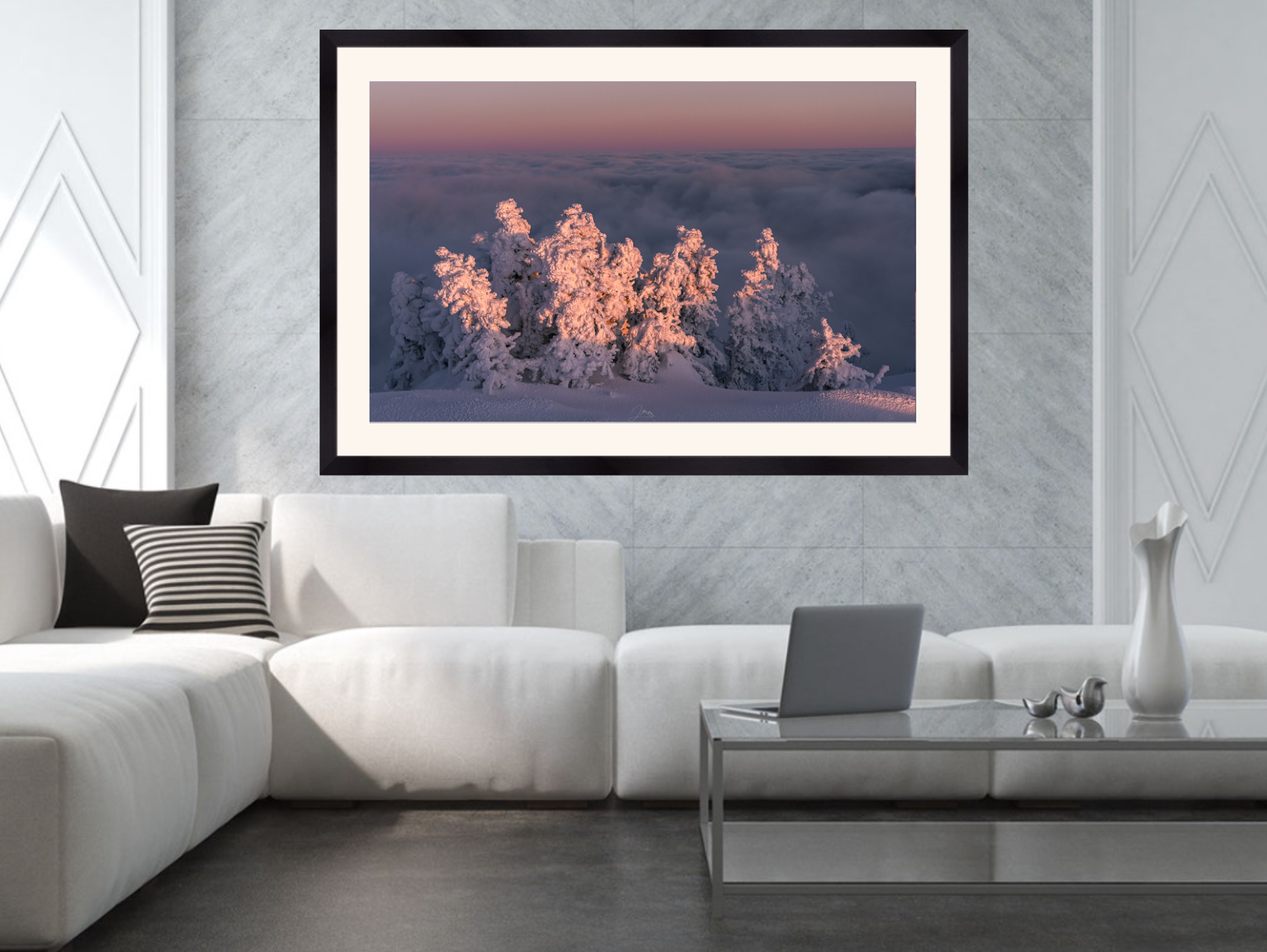 print of snow covered trees at sunset