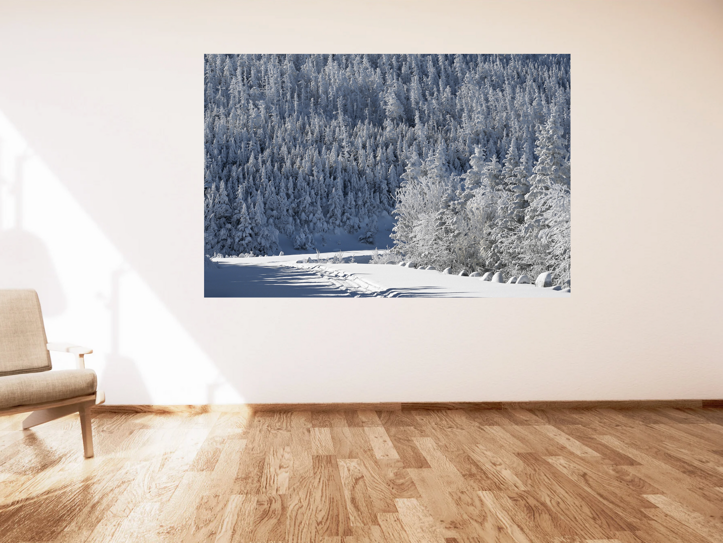 print of snow covered highway and trees