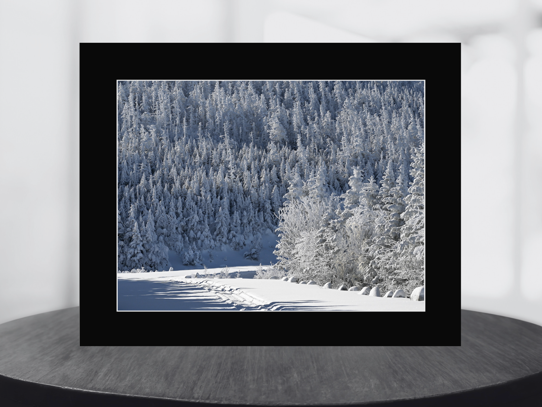 print of snow covered highway and trees