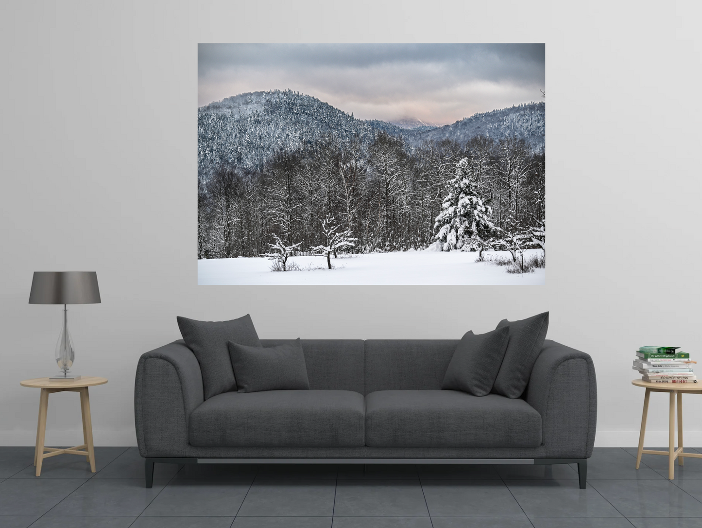 print of a field with snow covered trees and mountains