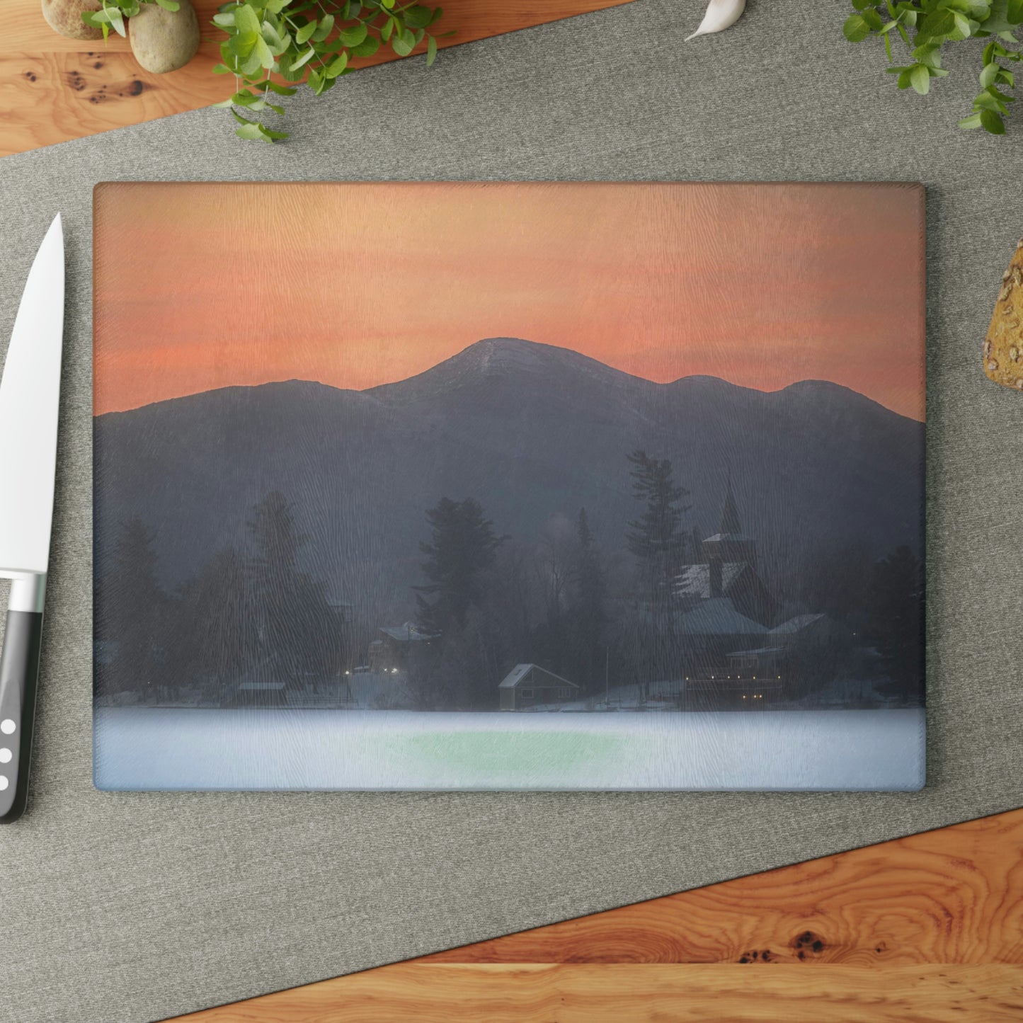 Glass Cutting Board - Mirror Lake Winter Sunrise
