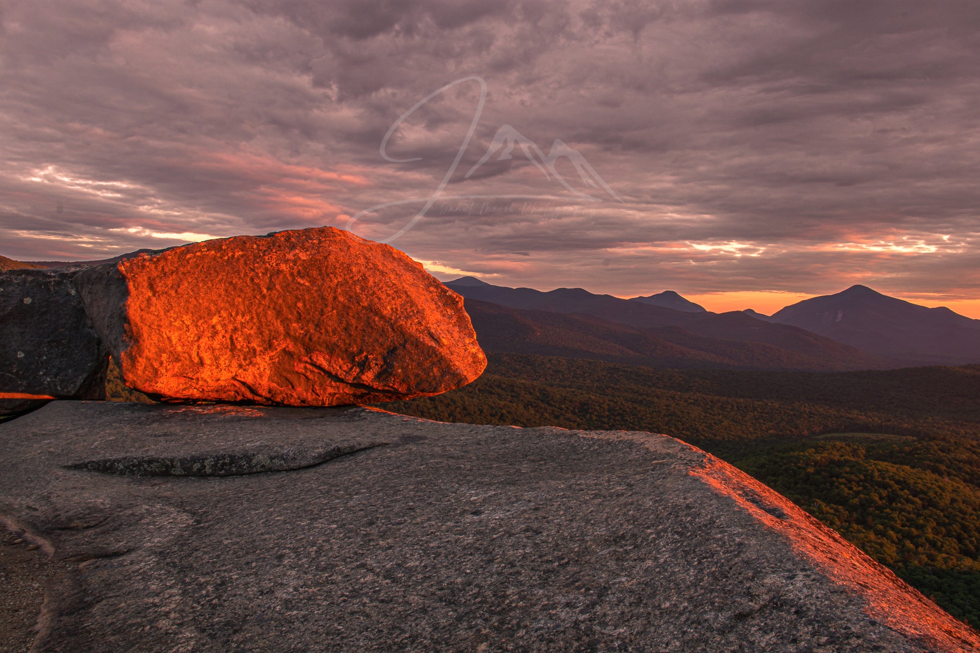 print of a sunrise at Balanced Rocks in the Adirondack Mountains
