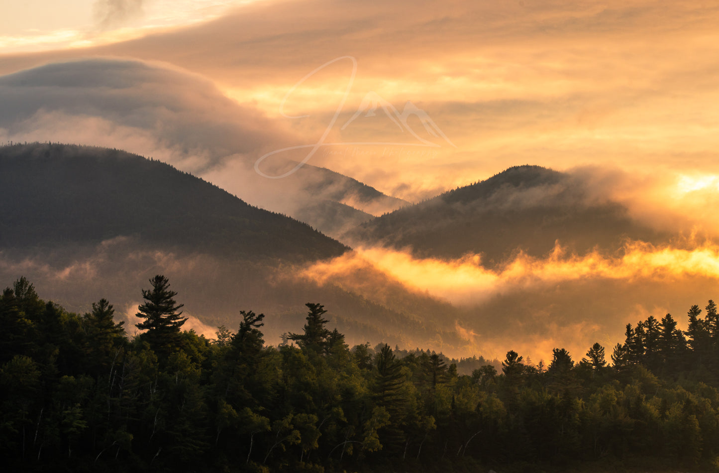 print of a foggy morning sunrise Adirondack Mountains