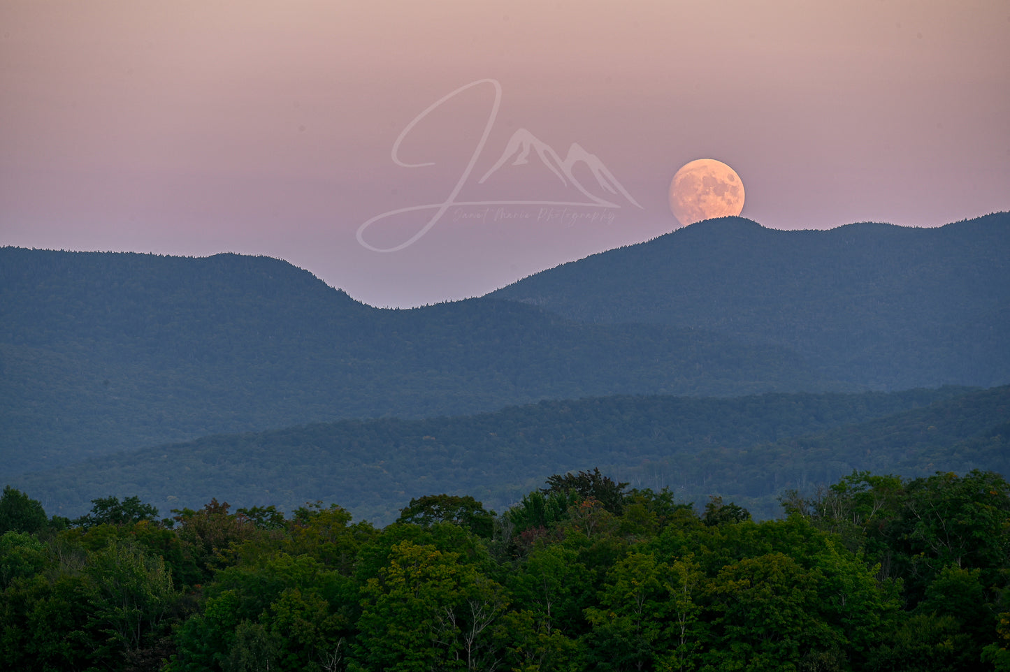 print of a Full Moonrise over Adirondack Mountains