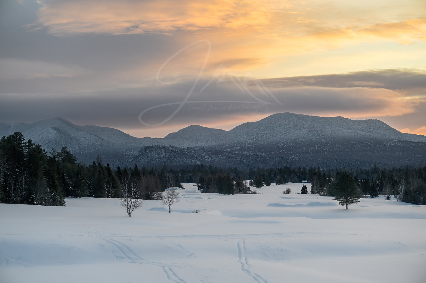 print of a sunrise over the adirondack moutains