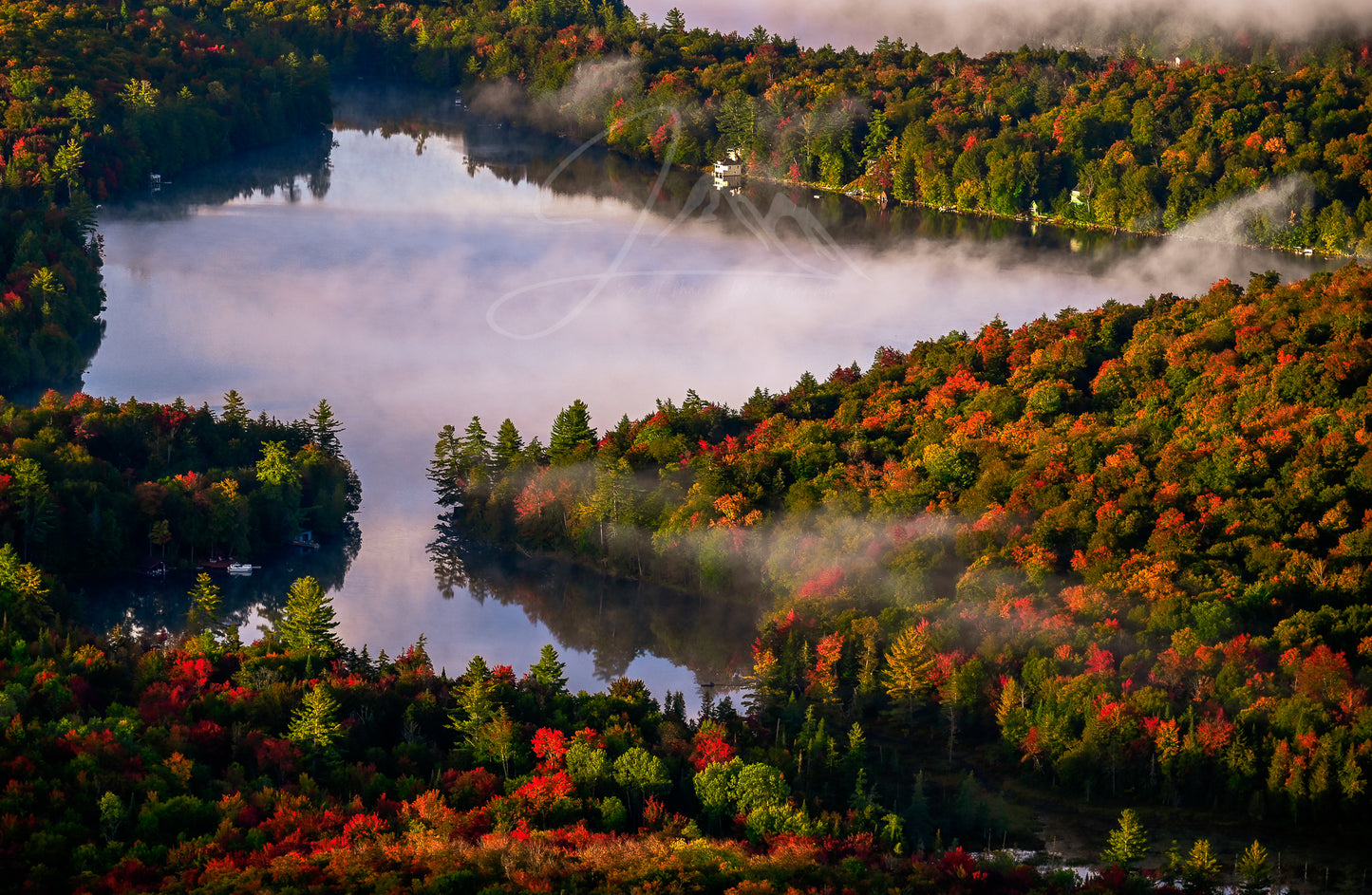 print of a foggy morning autumn sunrise Adirondack Mountains