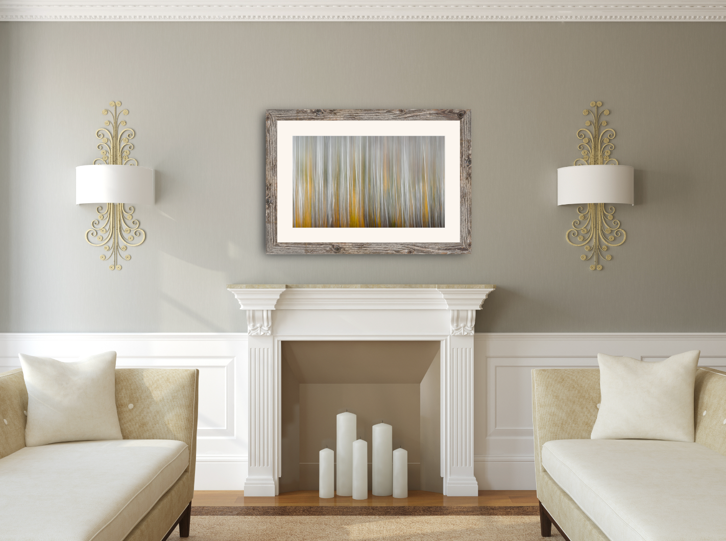 Abstract Autumn image of birch and tamarack trees in an adirondack forest