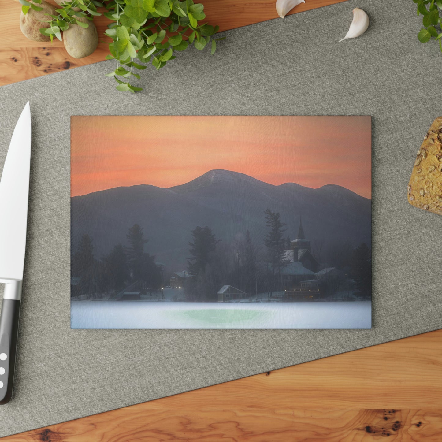 Glass Cutting Board - Mirror Lake Winter Sunrise