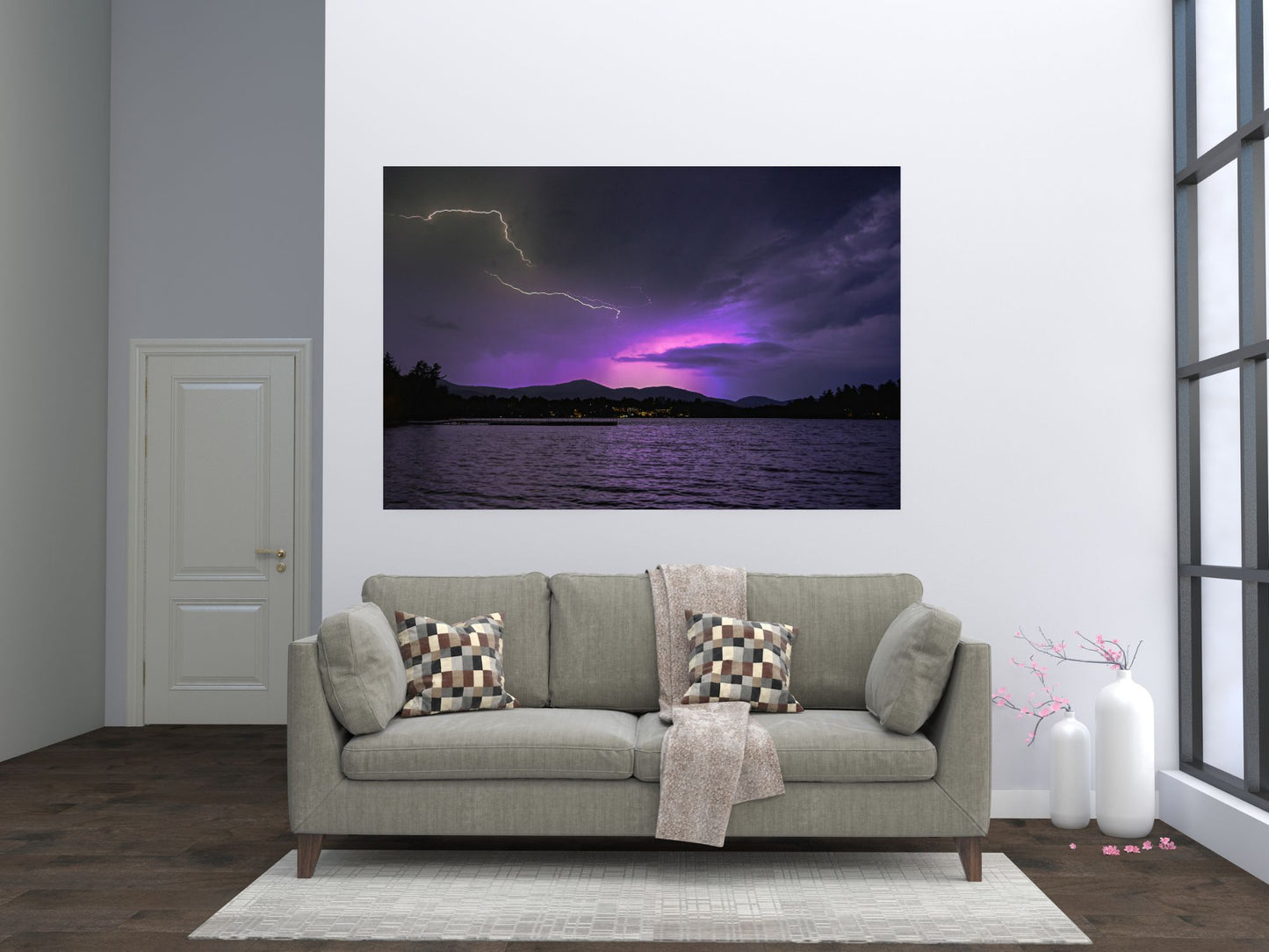 Nature's Dual Dance - Lightning and Aurora in the night sky over Mirror Lake in Lake Placid, New York.