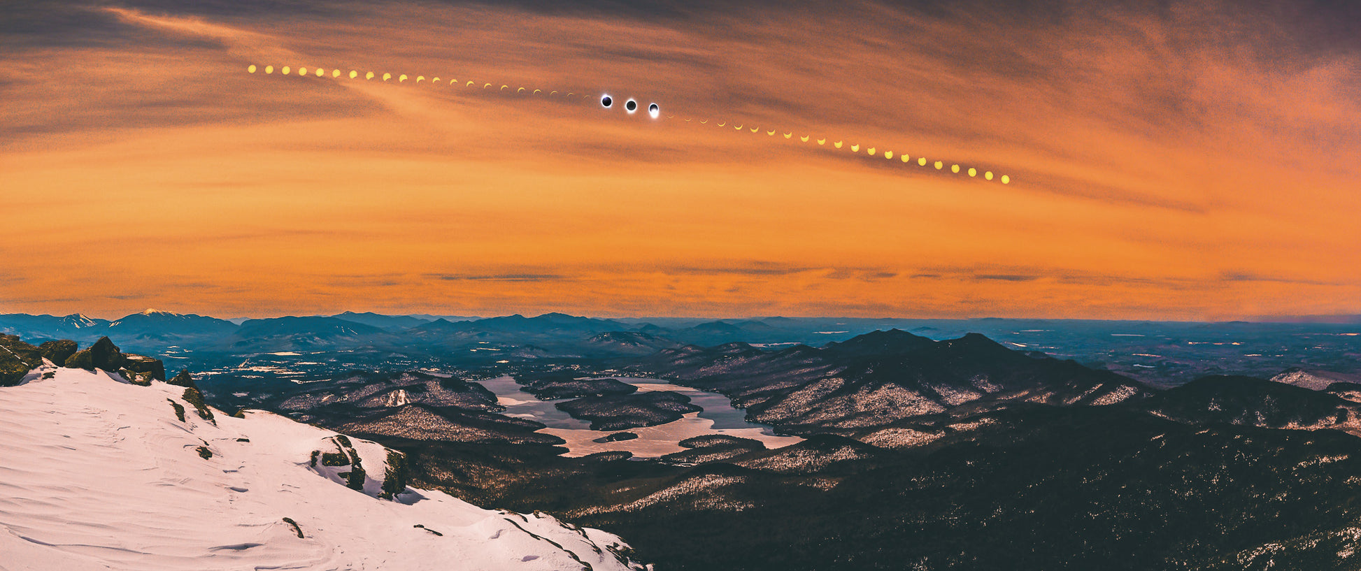 2024 Solar Eclipse Timelapse Over Lake Placid Panorama