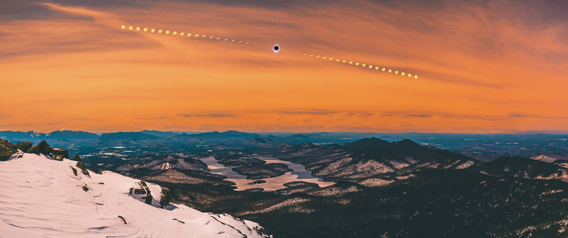 2024 Solar Eclipse Timelapse Over Lake Placid Panoramic View
