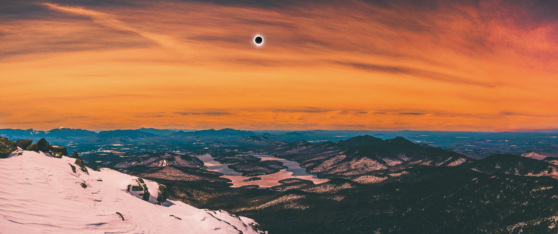 2024 Solar Eclipse Totality Over Lake Placid Panorama