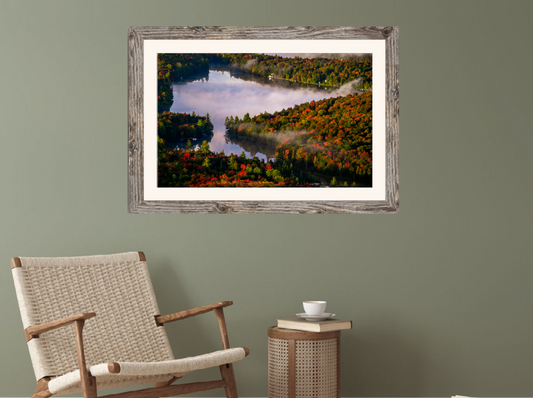 print of a foggy morning autumn sunrise Adirondack Mountains 