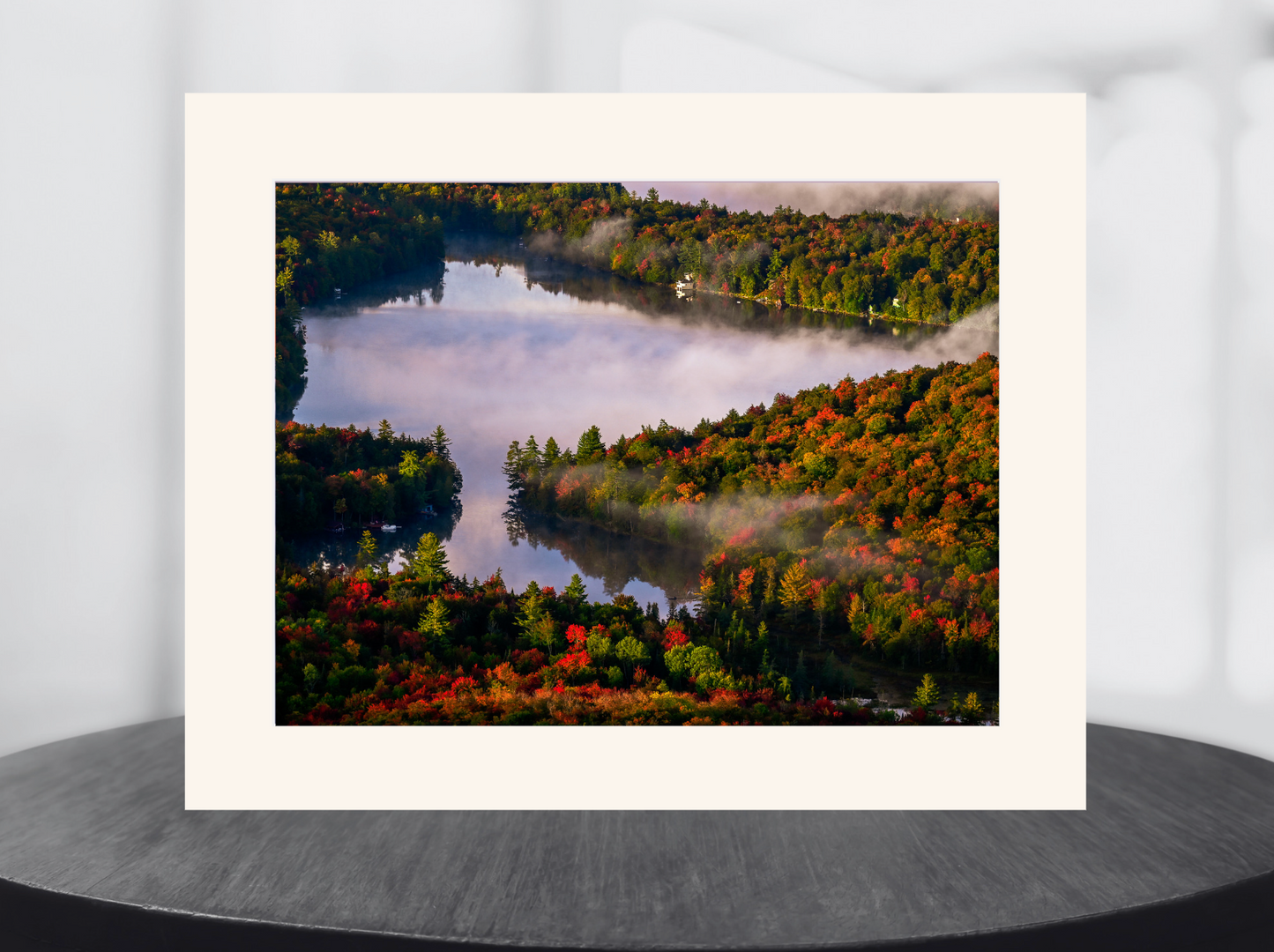 print of a foggy morning autumn sunrise Adirondack Mountains 