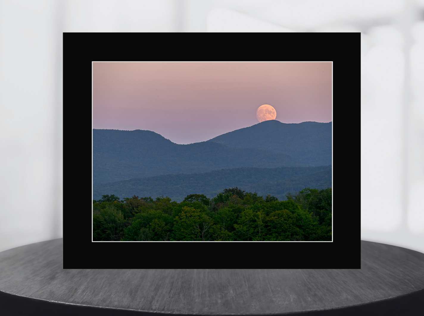 print of a Full Moonrise over Adirondack Mountains