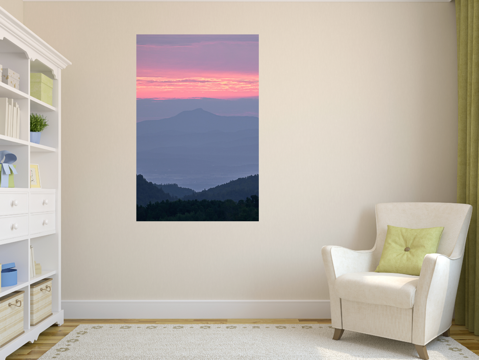 print of a hazy sunrise over the Champlain valley and camels hump mountain from the Adirondack Mountains