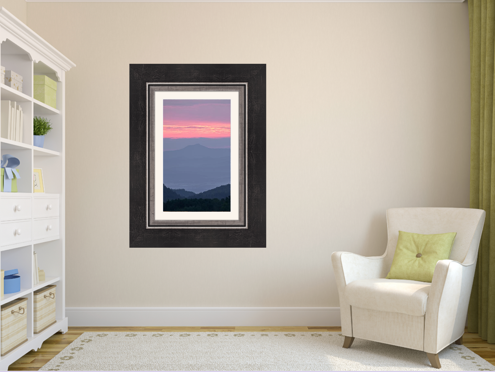 print of a hazy sunrise over the Champlain valley and camels hump mountain from the Adirondack Mountains