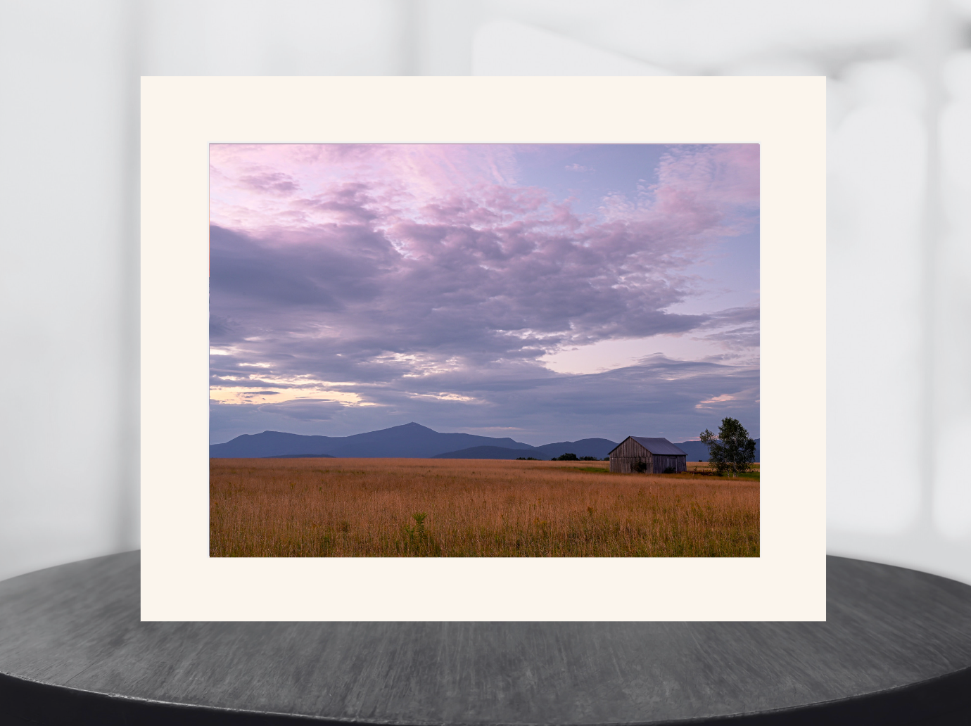 print of a barn at sunrise