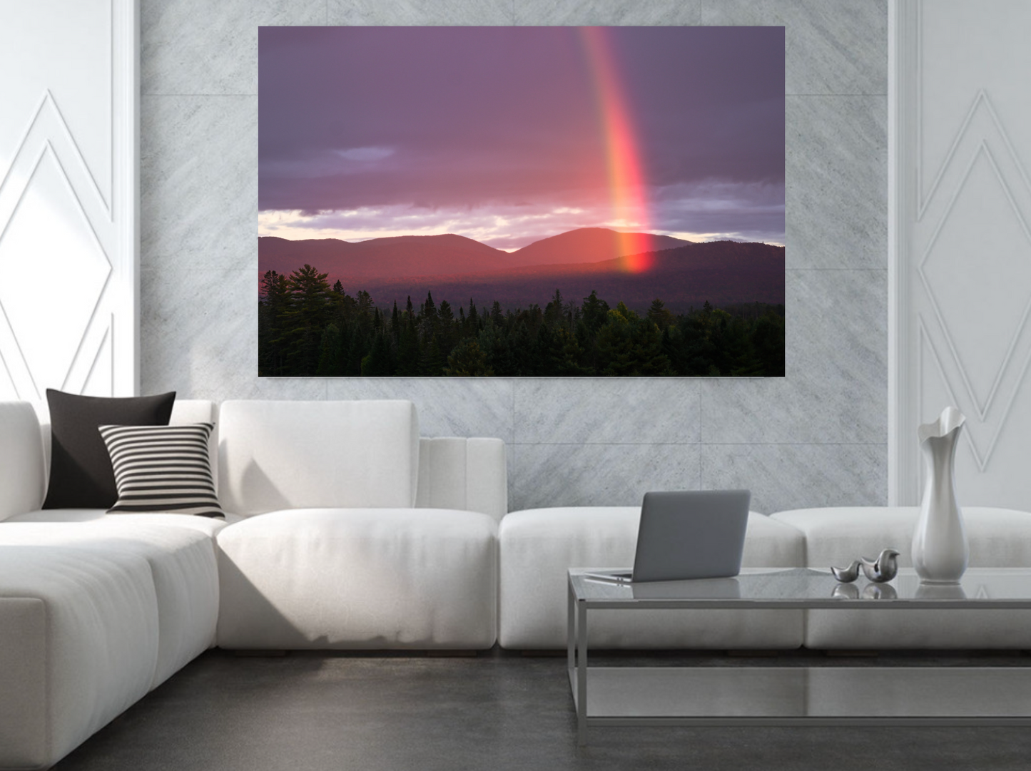 print of a rainbow and mountains