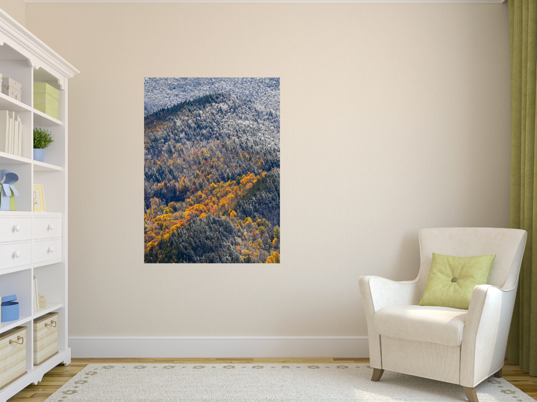 print of snow and foliage Adirondack Mountains
