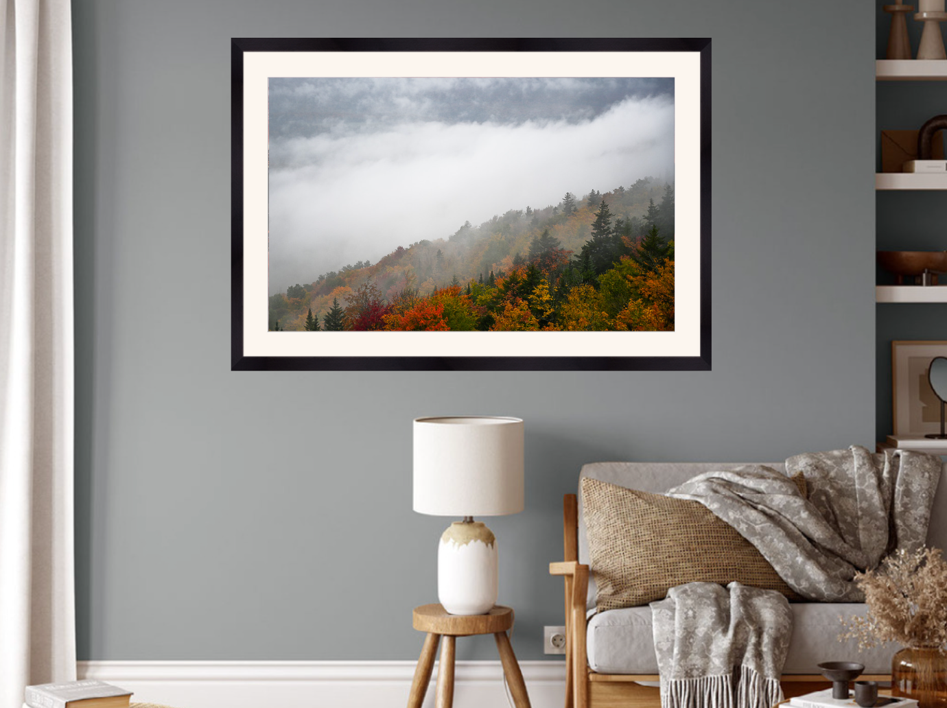 print of Mountainside Fog and Foliage 