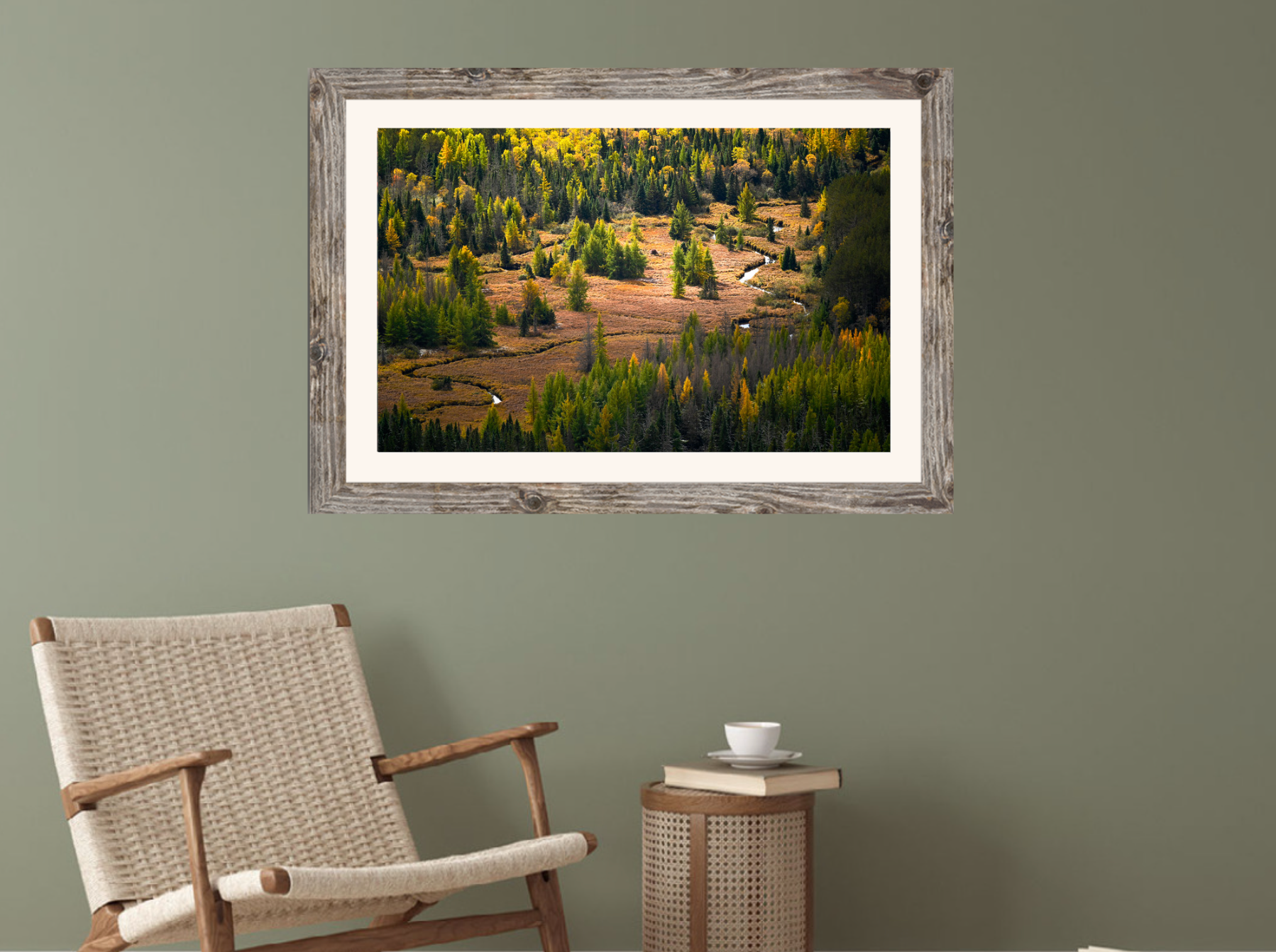 print of a river meandering through a tamarack filled meadow
